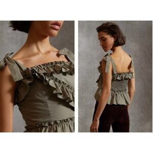 Sunday‎ in Brooklyn Perla Cropped Tank Ruffle Tie Strap Smocked Green Size Small